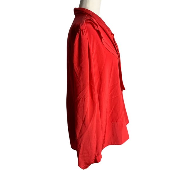 Vintage 80s Button Up Secretary Blouse L Red Long Sleeve Tie Bow Layered Collar - Picture 6 of 7